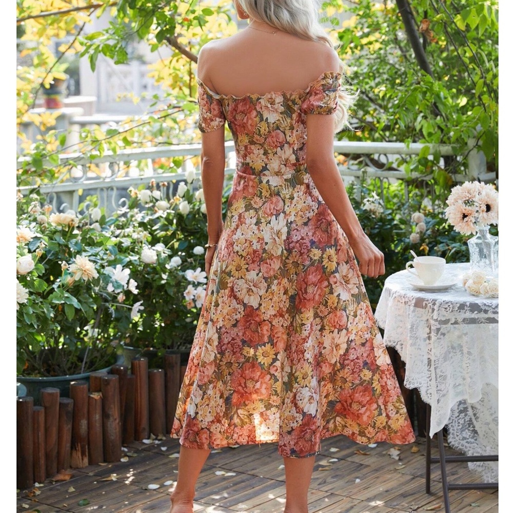 Boho Floral Print Off Shoulder Puff Sleeve Dress - Picture 5 of 9